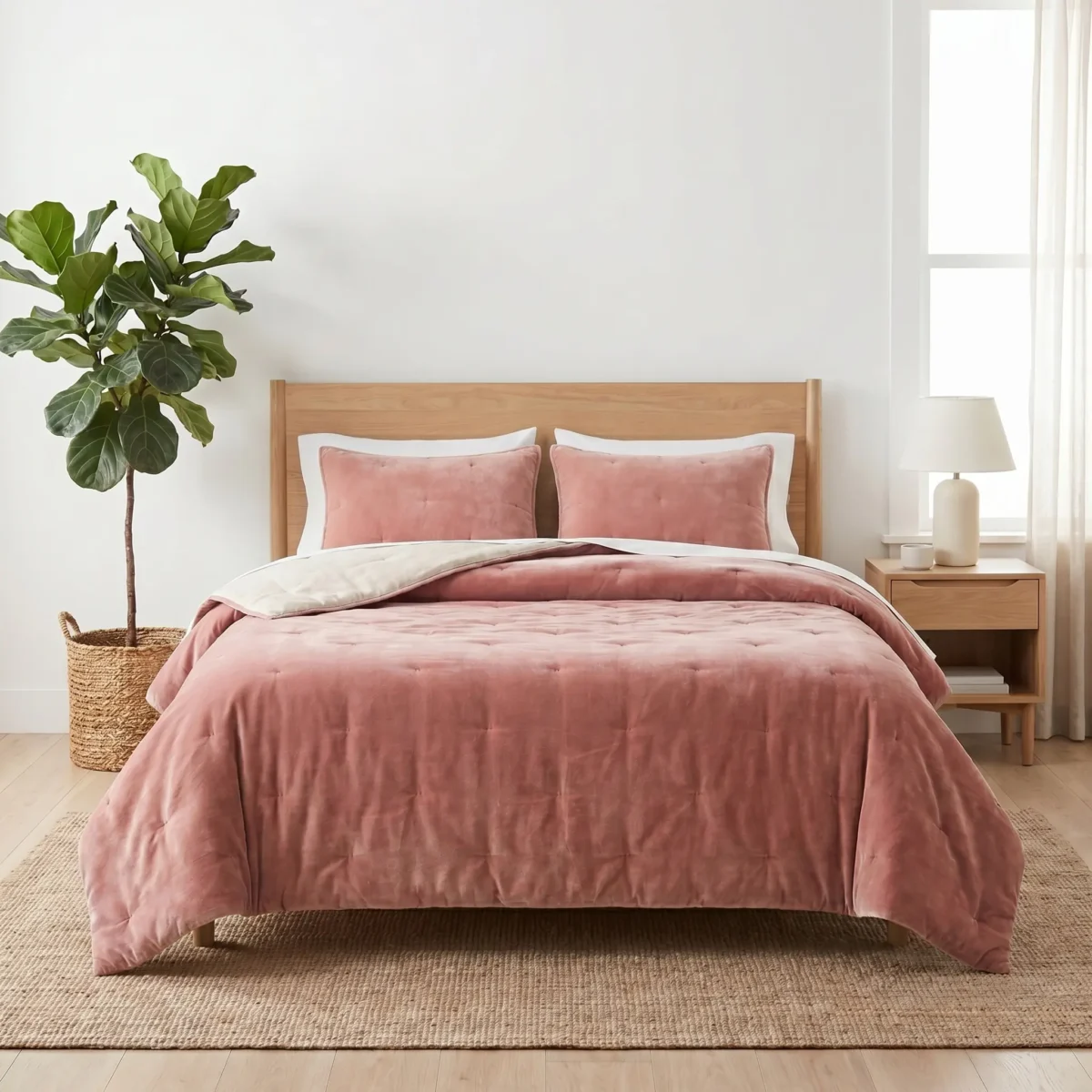Bedroom scene with a wooden bed pink velvet bedding and white pillows flanked by a green potted plant on the left and a bedside lamp on a nightstand to the right near a bright window