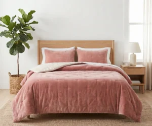 Bedroom scene with a wooden bed pink velvet bedding and white pillows flanked by a green potted plant on the left and a bedside lamp on a nightstand to the right near a bright window