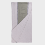 Folded lavender throw with olive green center panel and white striped border
