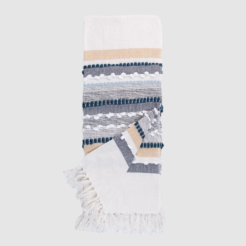 Rg125th | Amity Home Woven striped throw blanket folded with tasselled fringe featuring navy blue beige and white bands