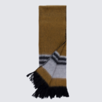Brown gray and black striped scarf with fringed ends folded for display