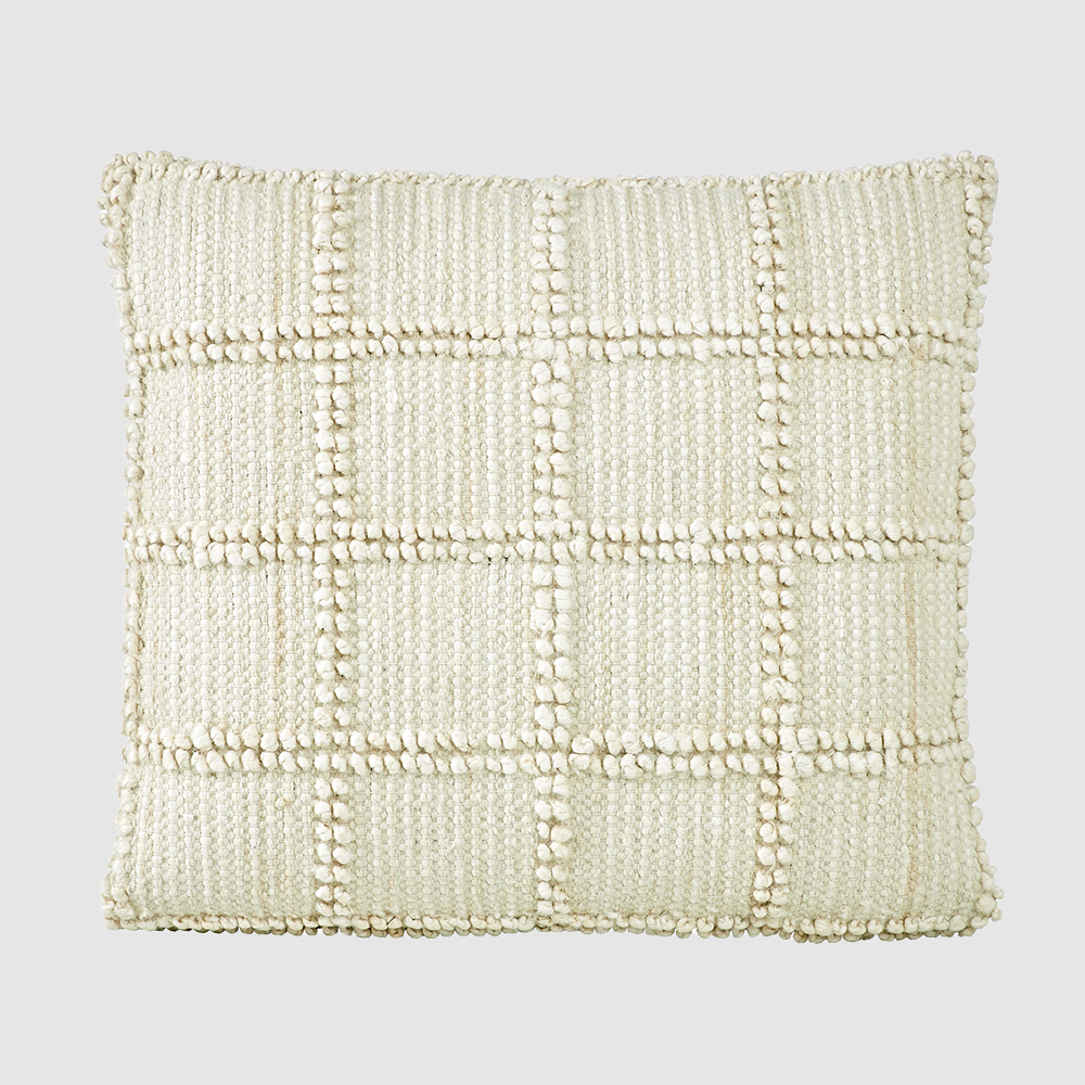 Rukc3004e26 | Amity Home Cream square throw pillow with a chunky knit grid pattern and pom pom trim