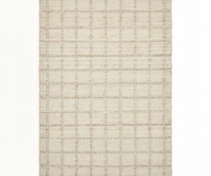 Beige rectangular rug with a textured grid pattern of square motifs across the surface