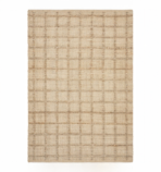 Beige woven rug with a subtle brown grid pattern of square blocks laid flat on a white background