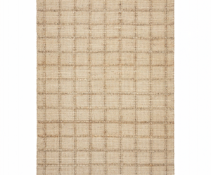 Beige woven rug with a subtle brown grid pattern of square blocks laid flat on a white background