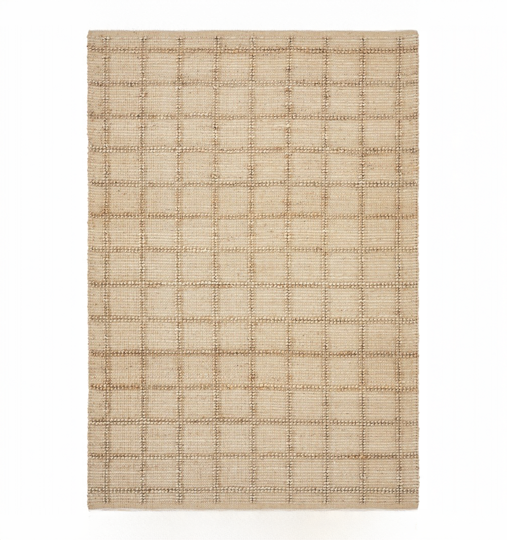 Rukc3004n | Amity Home Beige woven rug with a subtle brown grid pattern of square blocks laid flat on a white background