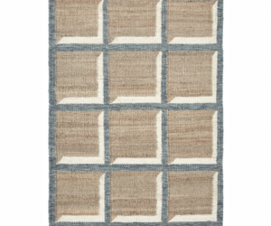 4x4 grid rug beige squares separated by blue borders with fringe along the short edges