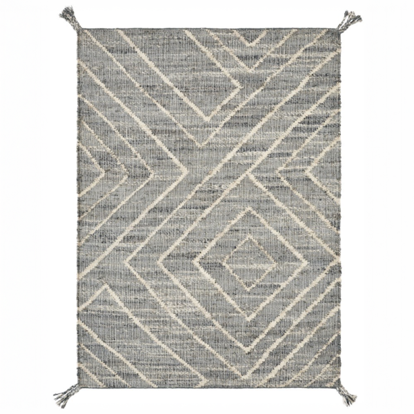 Gray rug with a white geometric diamond pattern and fringe corners on each end, wall-to-wall style.
