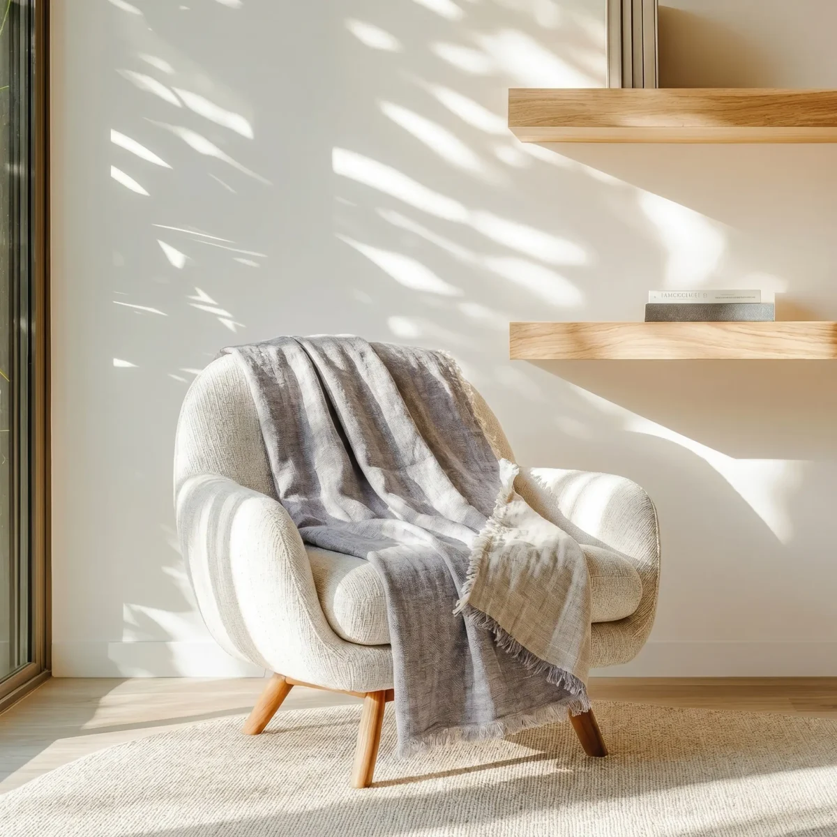 Armchair with a gray striped throw in a sunlit corner wooden shelves casting shadows on the wall behind