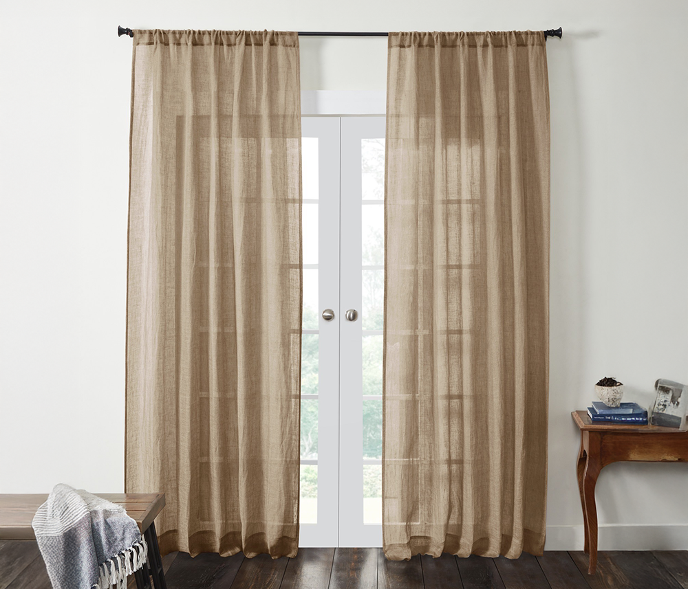 Cm15486n | Amity Home Beige sheer curtains framing white french doors with a throw blanket on a bench to the left and a wooden table with books on the right