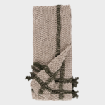 Beige chunky knit scarf with dark green stripes and tassels at the ends