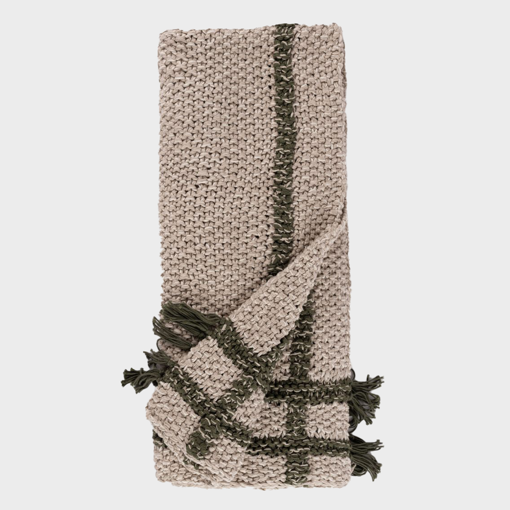 Rg140lth | Amity Home Beige chunky knit scarf with dark green stripes and tassels at the ends