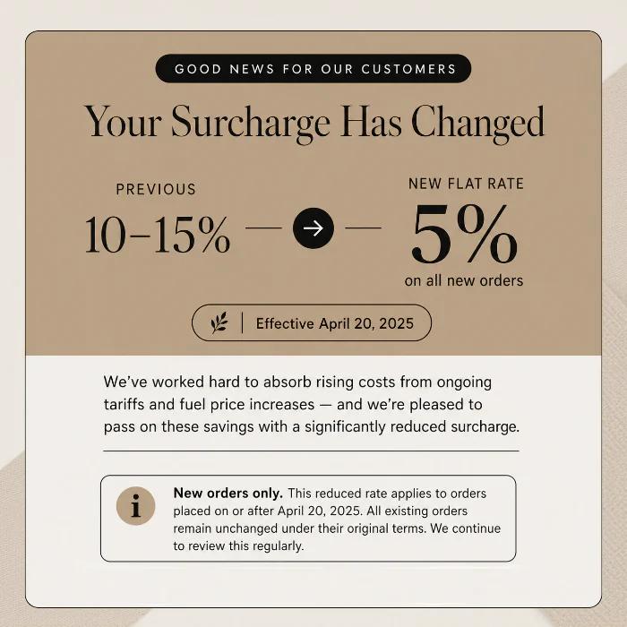 Notice about surcharge change previous 1015 replaced by a flat 5 on all new orders effective april 20 2025