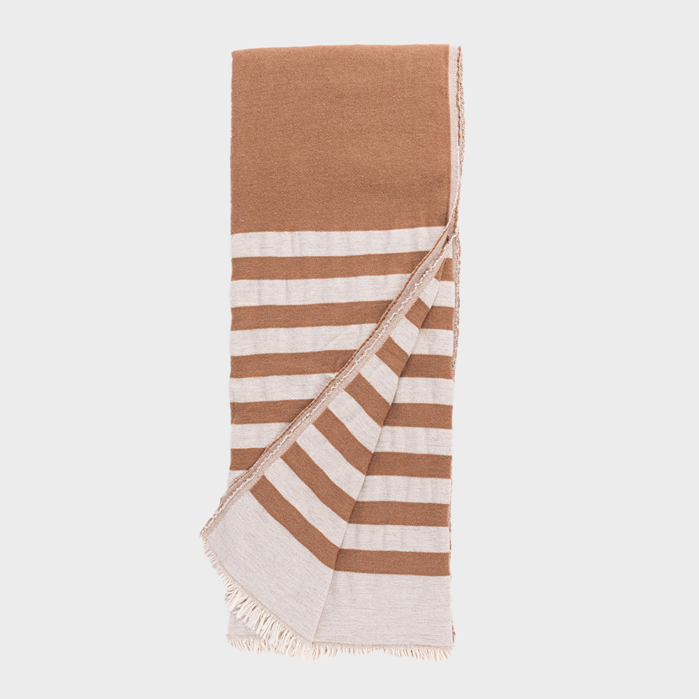 Bt101th | Amity Home Striped towel with brown and white bands and fringed edges folded diagonally