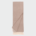 Taupe woven scarf laid flat with cream fringe at ends or a neutral toned scarf with fringed edges kept tidy on both ends