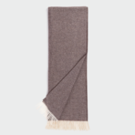 Brown textured scarf with cream fringe laid flat folded diagonally to show ends