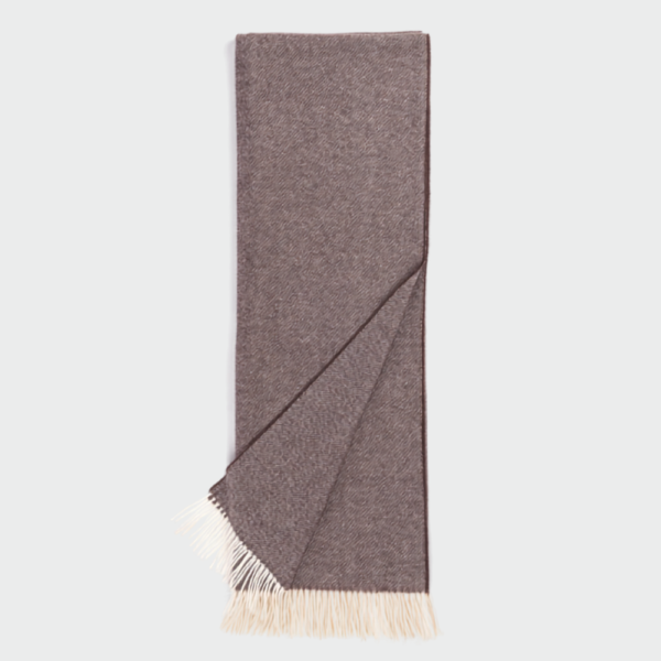 Brown textured scarf with cream fringe laid flat, folded diagonally to show ends.