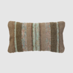 Decorative rectangular pillow with brown and pastel striped woven fabric in a muted palette against a light background