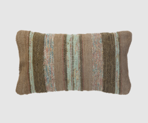 Decorative rectangular pillow with brown and pastel striped woven fabric in a muted palette against a light background