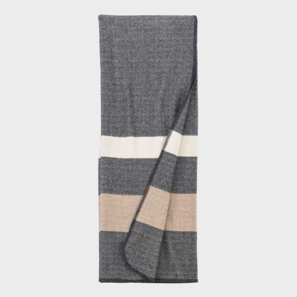 Folded grey throw blanket with white and beige stripes, showing a textured herringbone pattern.