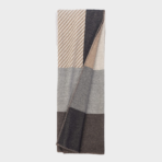 Color blocked scarf in beige gray and brown tones folded with visible stitched edge or hem
