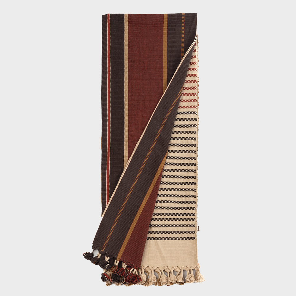 Hn103bth | Amity Home Striped woven throw blanket folded with fringe tassels in burgundy brown and cream tones