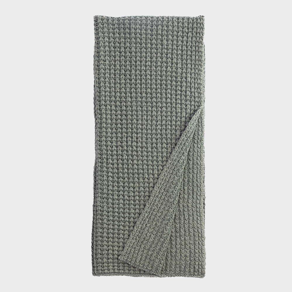 Kd2044mth | Amity Home Gray knit scarf folded with a corner turned up showing chunky rib stitch texture