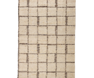 Beige woven rug with a dark brown grid pattern and fringe along the short edges