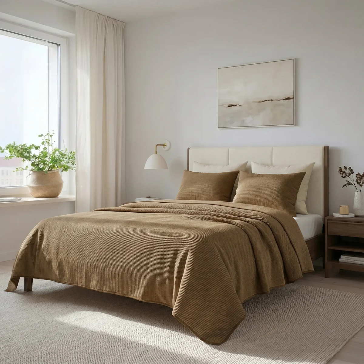 Neutral toned bedroom with beige bedding a white headboard wall art and a potted plant by a large window