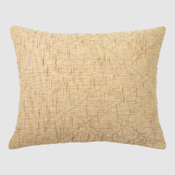 Beige textured throw pillow with a woven grid pattern on a light background for decorative use.