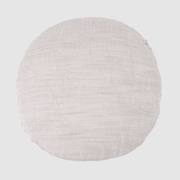 Round beige fabric pouf on a light gray background, a circular floor cushion with woven texture