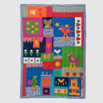 Colorful patchwork quilt with whimsical birds hearts and flowers in bright blocks and a blue checked border