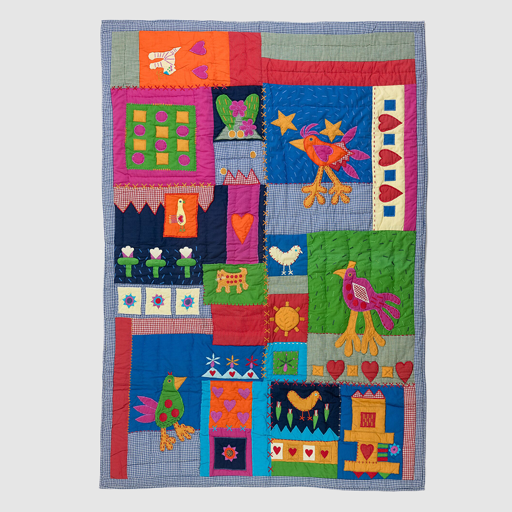 Cc164b | Amity Home Colorful patchwork quilt with whimsical birds hearts and flowers in bright blocks and a blue checked border