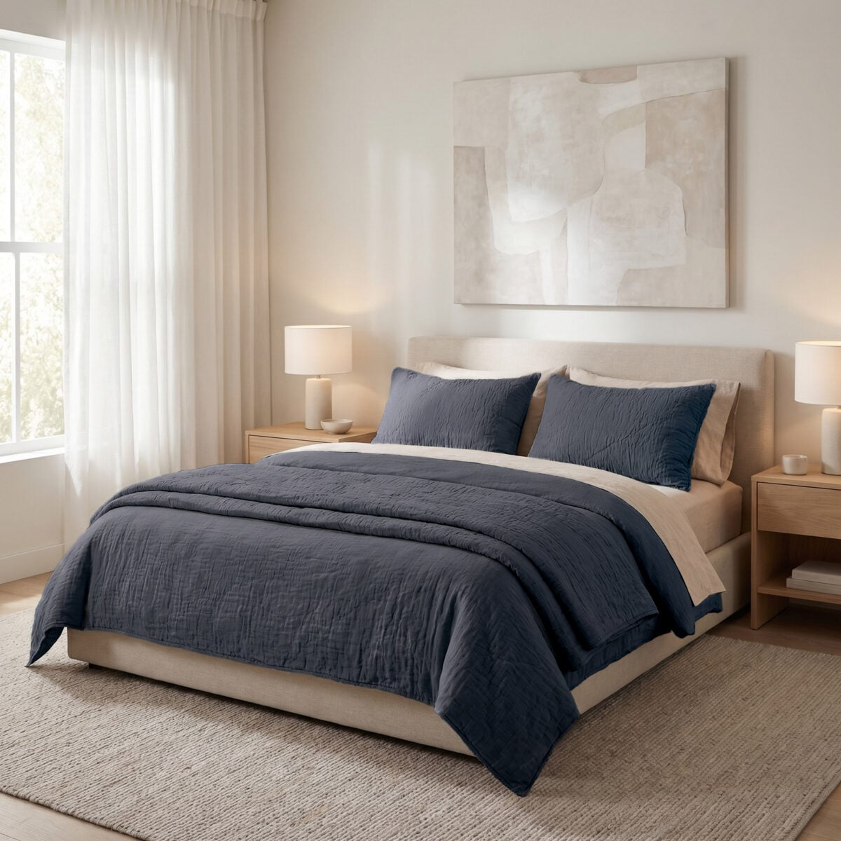 Neutral bedroom with a navy quilted bed beige headboard and abstract wall art above the bed