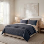 Neutral bedroom with a navy quilted bed beige headboard and abstract wall art above the bed
