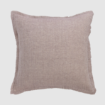 Square pink linen throw pillow with raw frayed edges on a light gray background