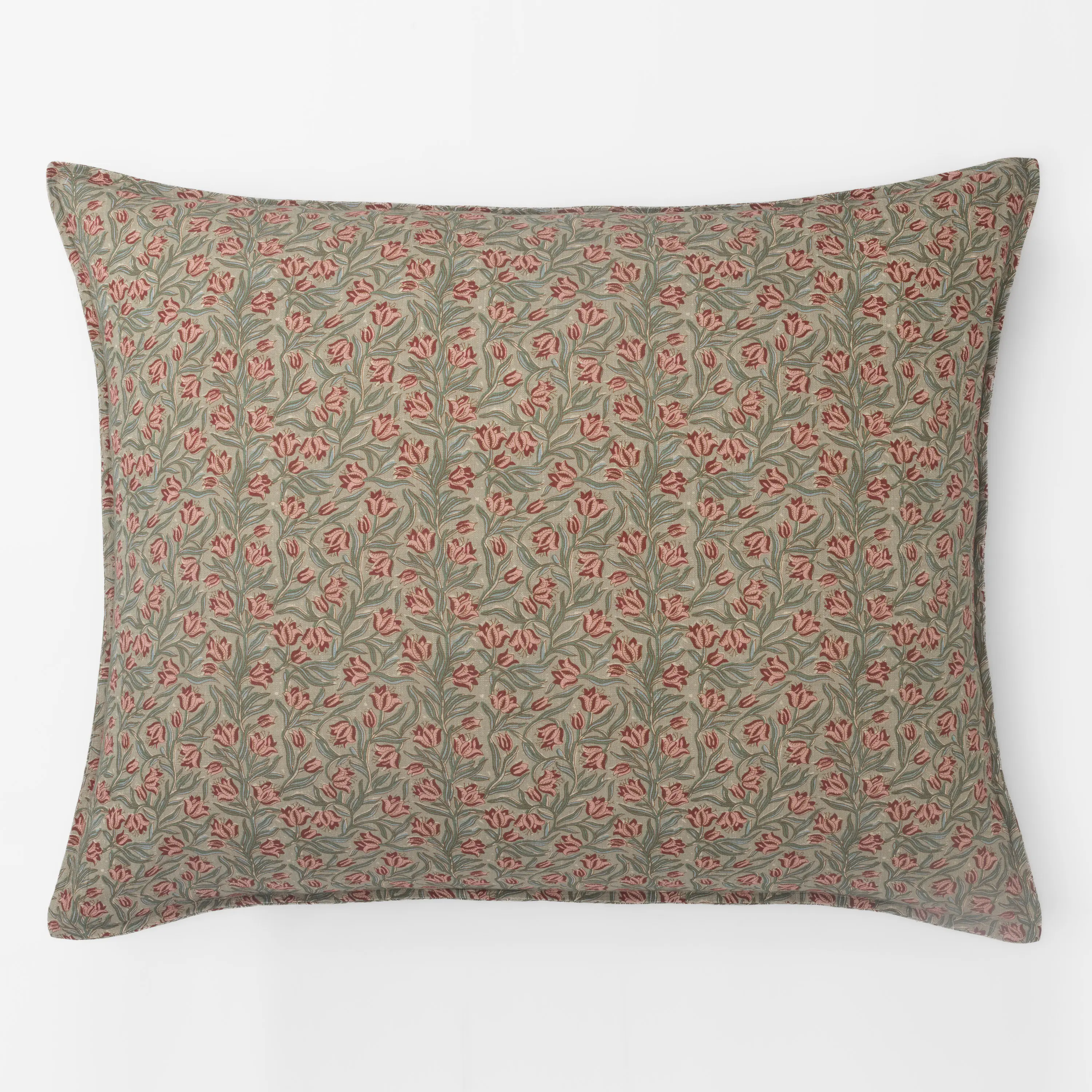 15546des12 | Amity Home Patterned decorative pillow with pink flowers and green leaves on a beige background
