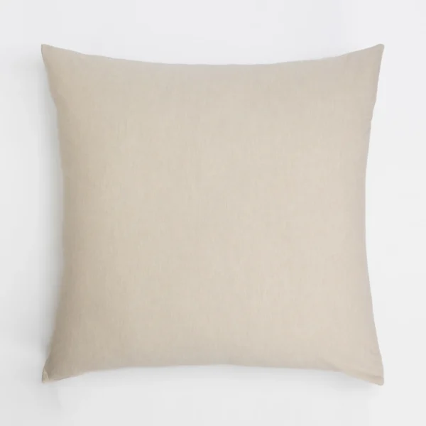 Beige rectangular throw pillow with a linen like texture on a white background