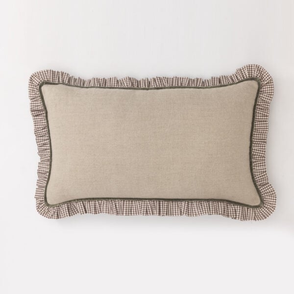 Beige decorative cushion with a brown-and-white gingham ruffle trim along the edges on a white background.