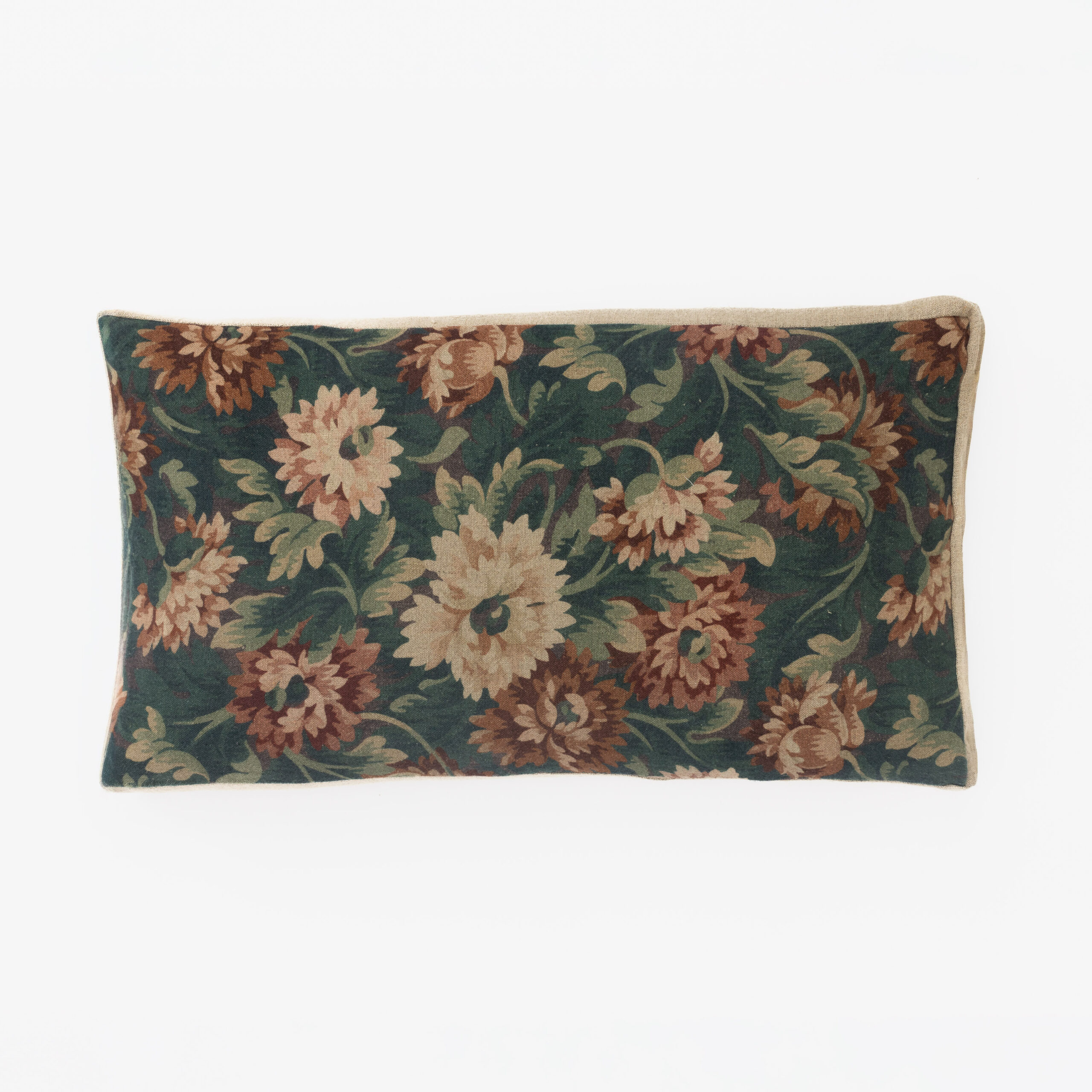 Cc1153bxlb4 | Amity Home Decorative throw pillow with dark green fabric and large pinkish brown floral print beige trim informative
