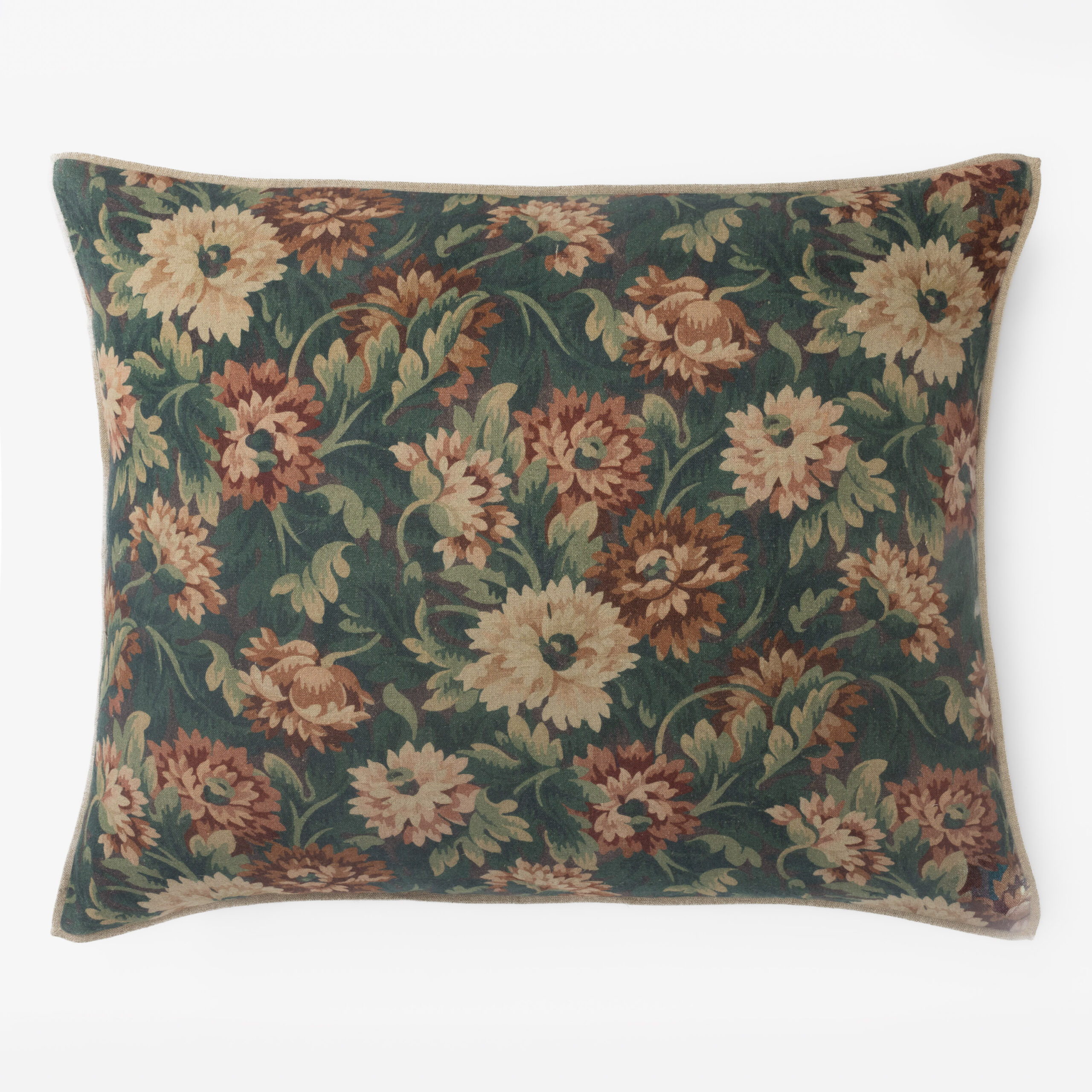 Cc1153des1 | Amity Home Decorative cushion with a dark green background and pink beige floral pattern bordered by a light beige trim