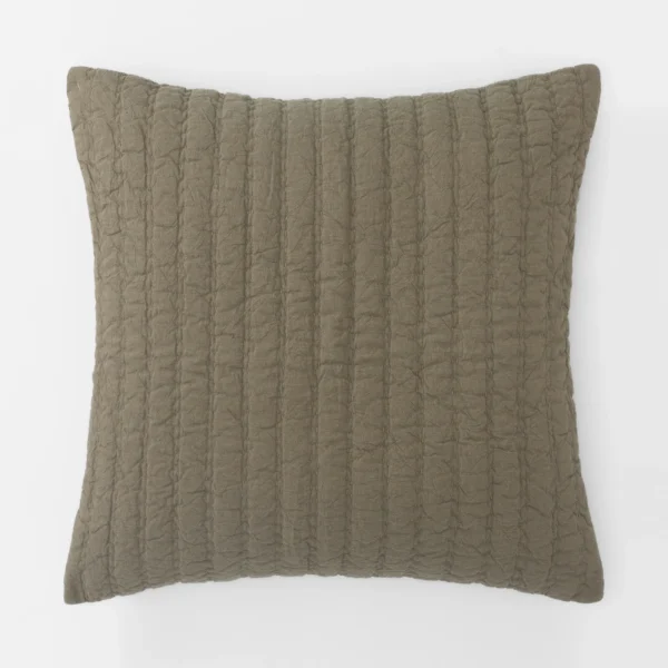 Olive green quilted pillow with vertical channel stitching on a white background