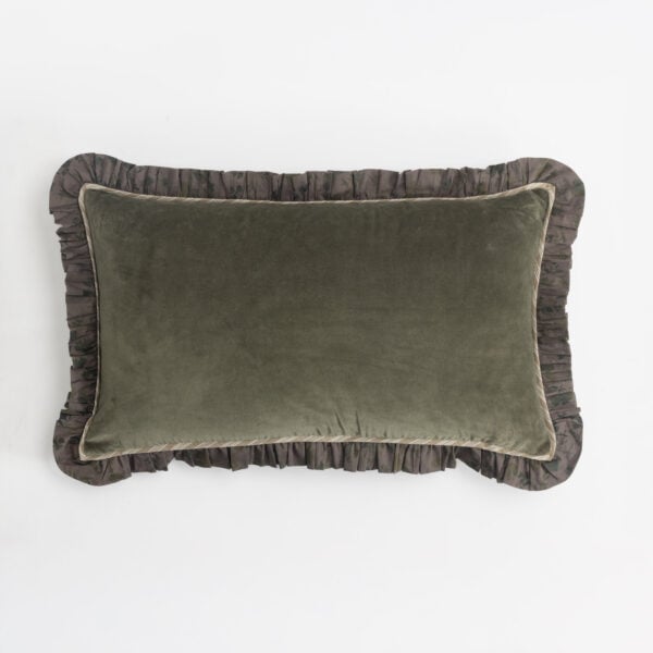Olive-green upholstered cushion with ruffled dark fabric edges on a white background.