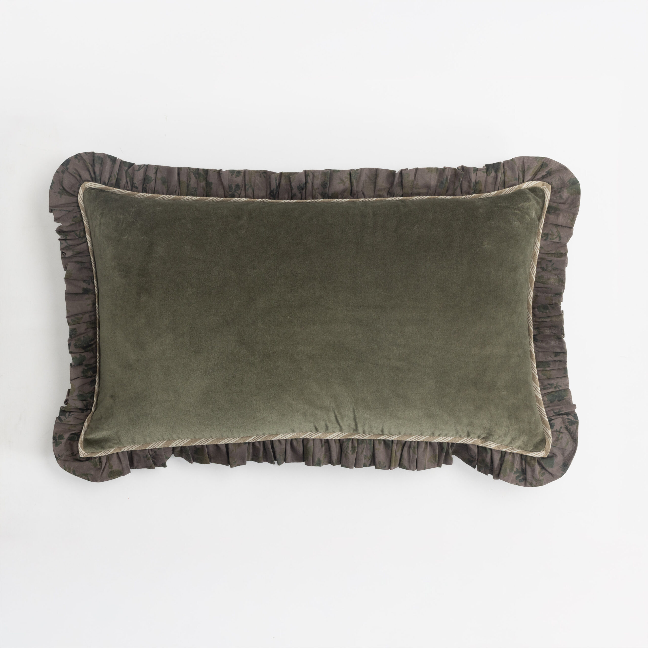 Cc1156lb12 | Amity Home Olive green upholstered cushion with ruffled dark fabric edges on a white background