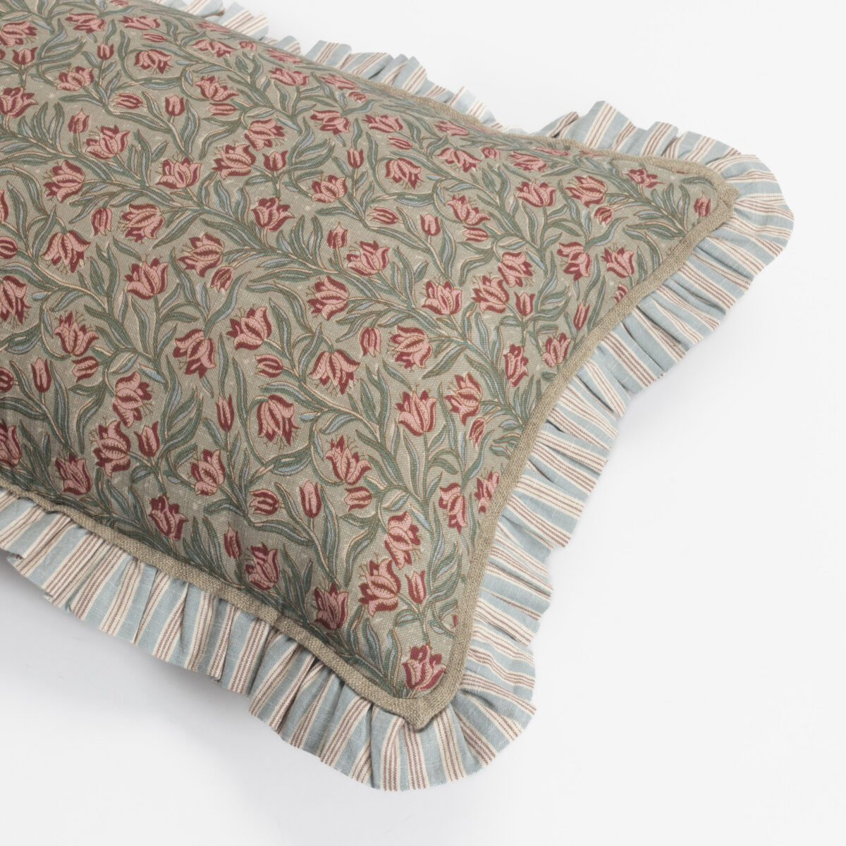 Decorative fabric with a pink floral pattern on a beige green background and a blue striped border edge