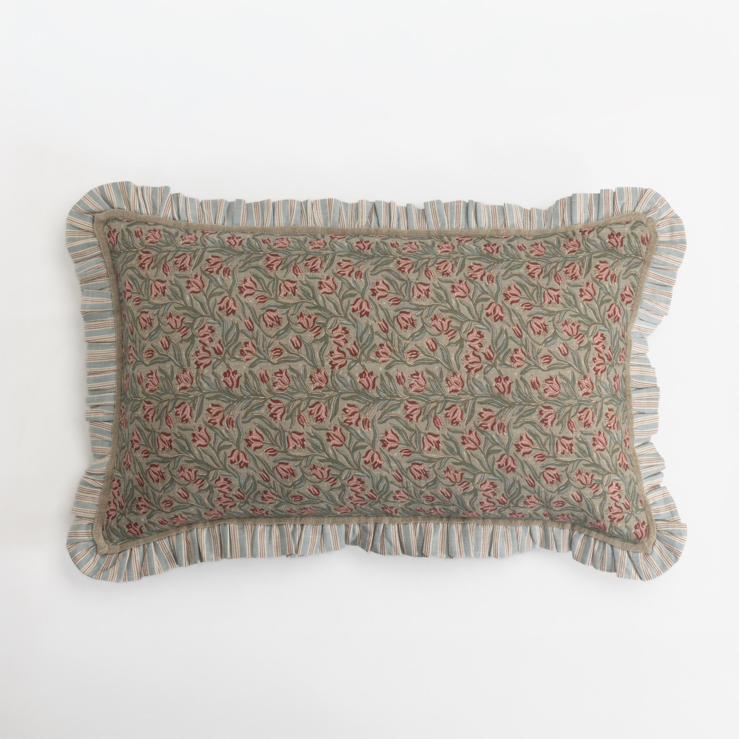 Cc1157lb9 | Amity Home Floral patterned fabric with pink flowers and blue green leaves edged by striped ruffle trim on a pale background textile detail