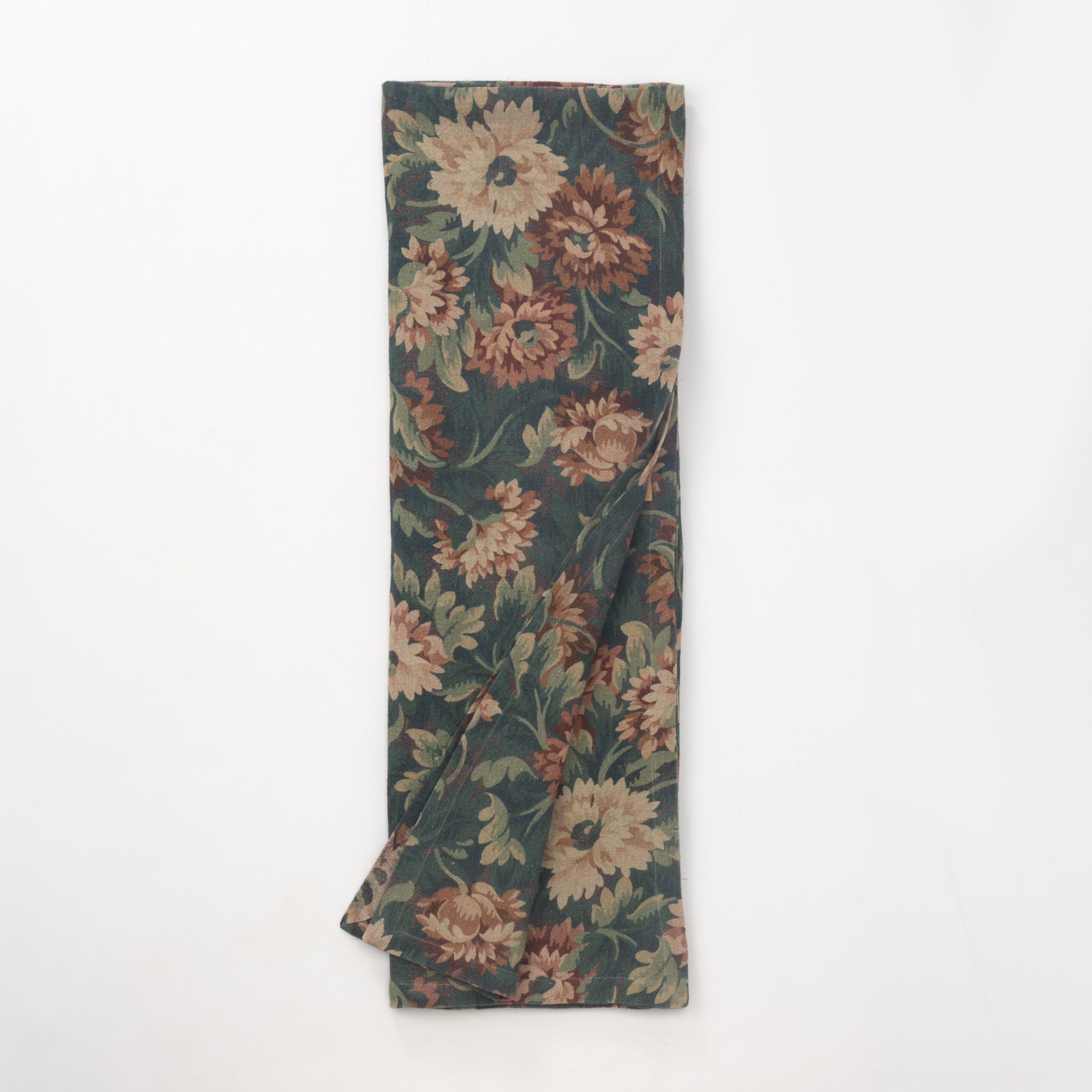 Cc153sth8 | Amity Home Folded length of dark green floral fabric with tan and dusty rose flowers viewed from above showing a textile swatch