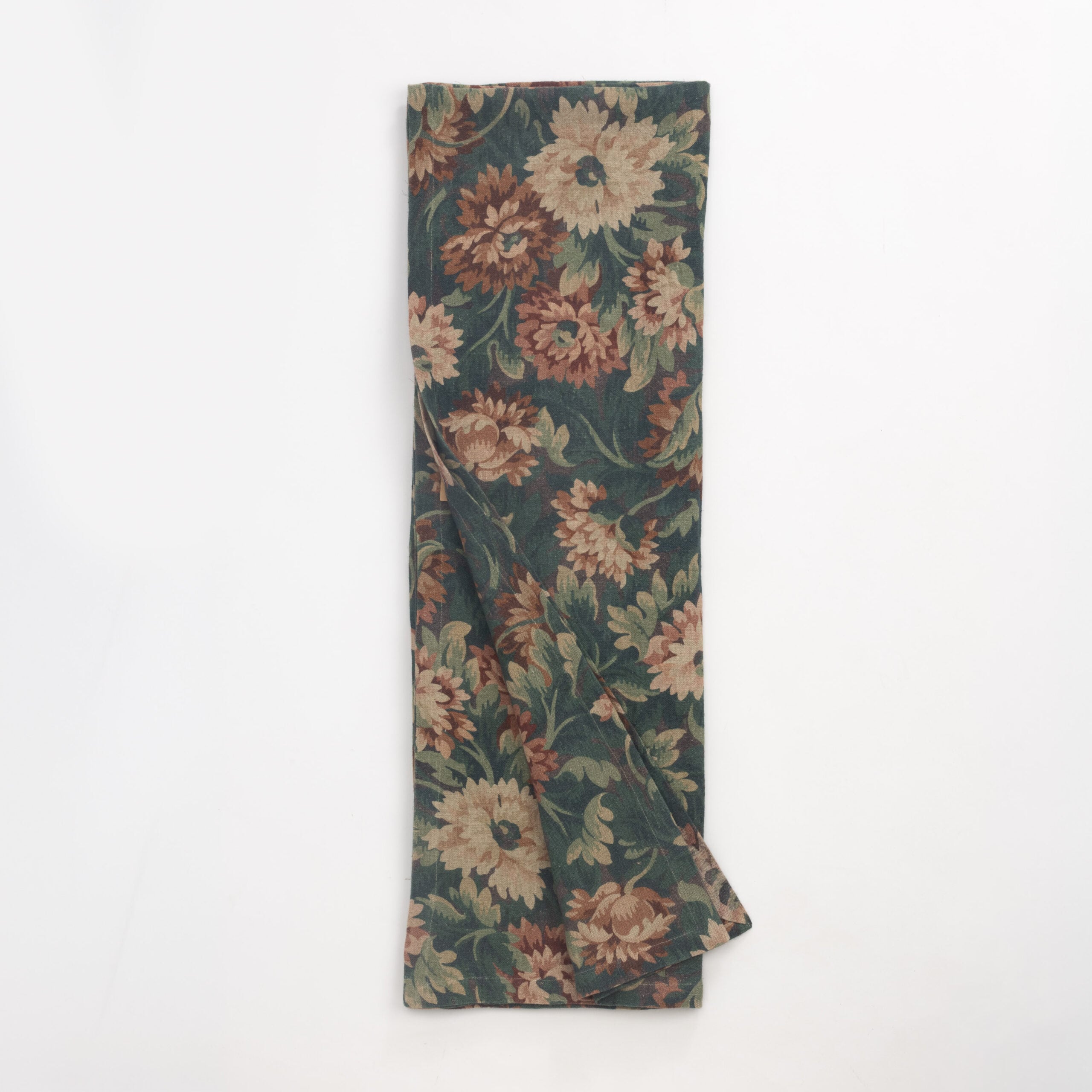 Cc153sth8 | Amity Home Folded length of dark green floral fabric with tan and dusty rose flowers viewed from above showing a textile swatch