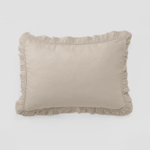 Beige linen cushion with a ruffled fringe along the bottom edge on a white background