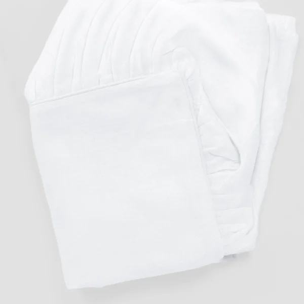 Close up of folded white fabric with visible stitching and seams likely a garment or towel